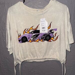 Cream Crop Top with Purple Car Graphic